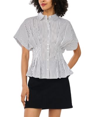 Cotton Pleat Waist Dolman Sleeve Button Up Shirt