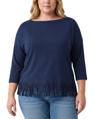 Plus Size Three Quarter Sleeve Fringe Trim Boat Neck Top