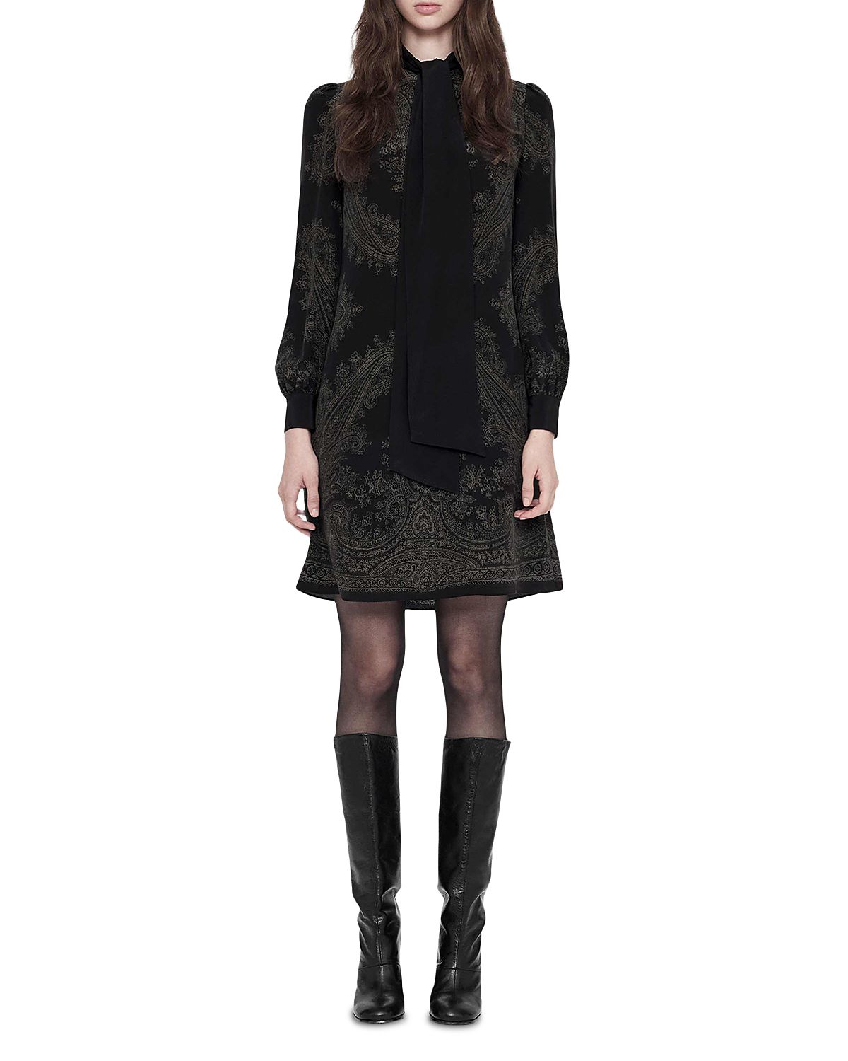 Allsaints Jamie Silk Tie Neck Long Sleeve Dress