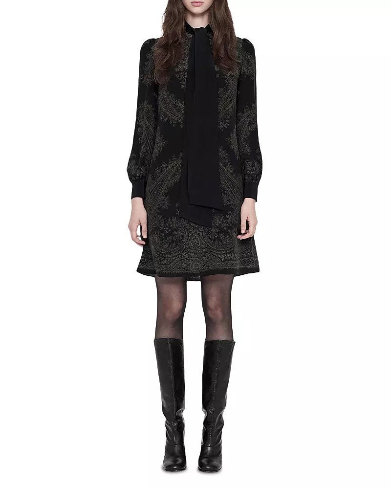 Allsaints Jamie Silk Tie Neck Long Sleeve Dress
