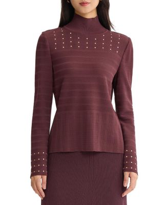 Studded Mock Neck Ribbed Knit Top
