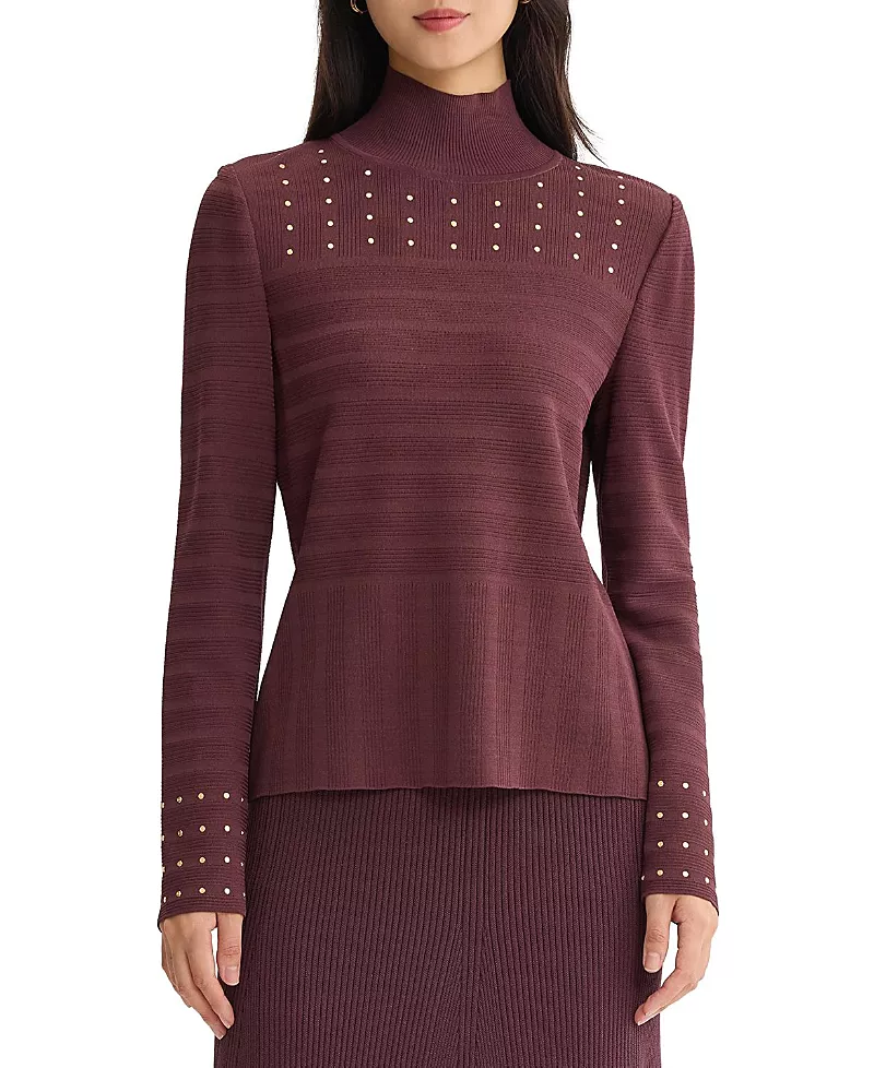 Misook Studded Mock Neck Ribbed Knit Top