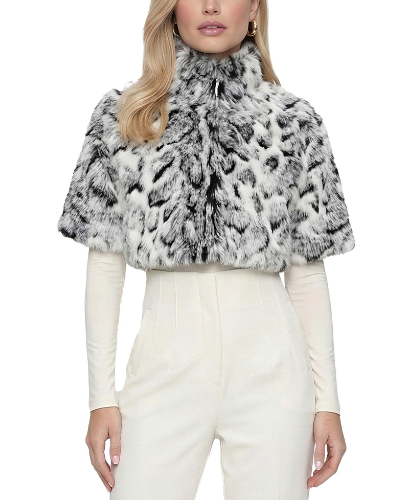 Lyla Grant Faux Fur Fox Printed Bolero With Cropped Sleeves In Gray