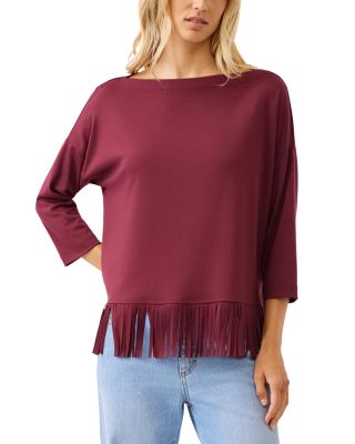 Boatneck Three Quarter Sleeve Fringe Hem Top