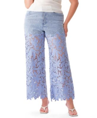  Plus Embroidery Wide Leg Lace Denim Jeans with Pearl in Clearstrand