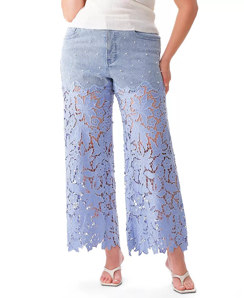 Bayeas Plus Embroidery Wide Leg Lace Denim Jeans with Pearl in Clearstrand