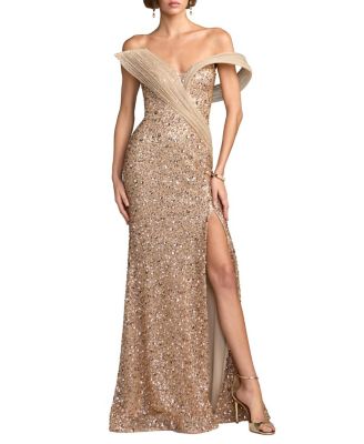  Embellished Strapless High Slit Drape Gown