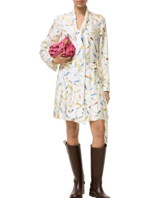  Pleated Feather-print Silk Mini Skirt