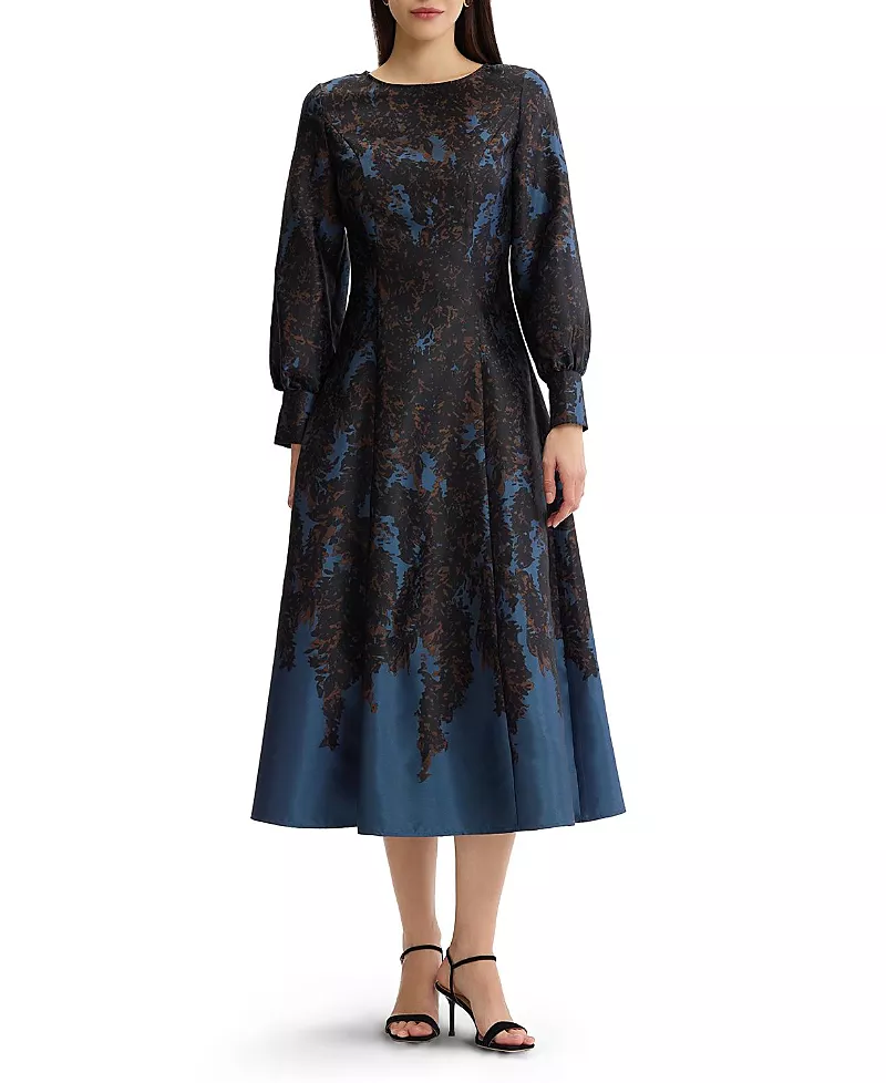 Misook A-Line Bloomscape Jacquard Woven Maxi Dress