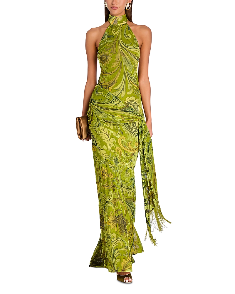 Retrofete Protea High Neck Printed Velvet Gown