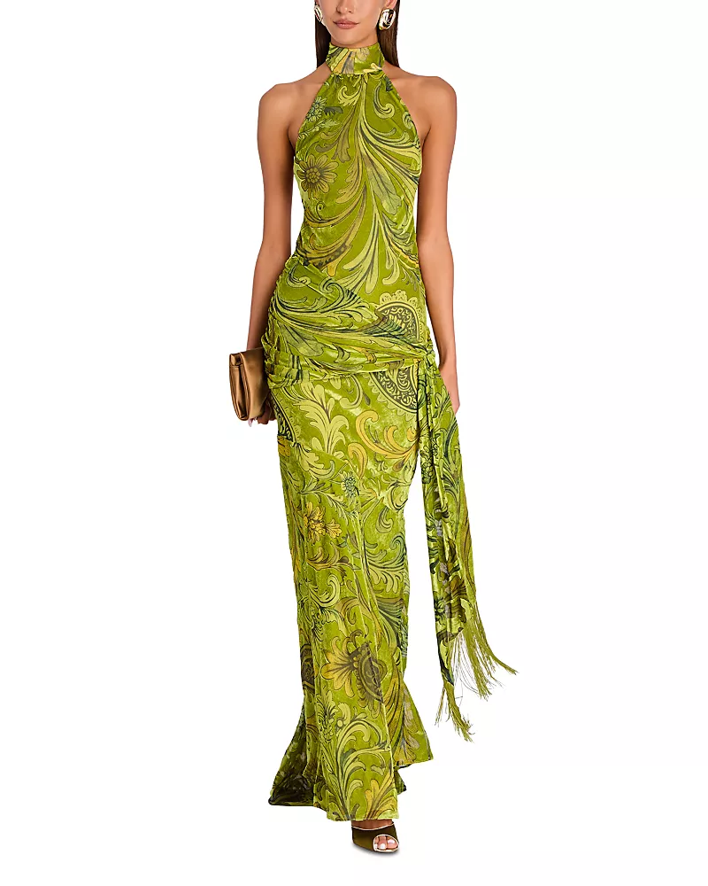 Retrofete Protea High Neck Printed Velvet Gown