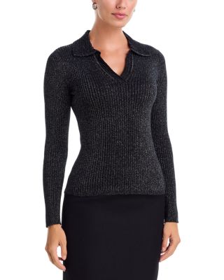 Lurex Rib Long Sleeve Polo Sweater