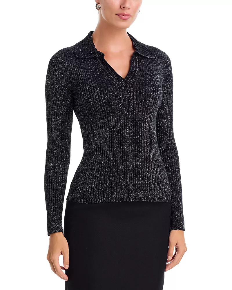 T Tahari Lurex Rib Long Sleeve Polo Sweater