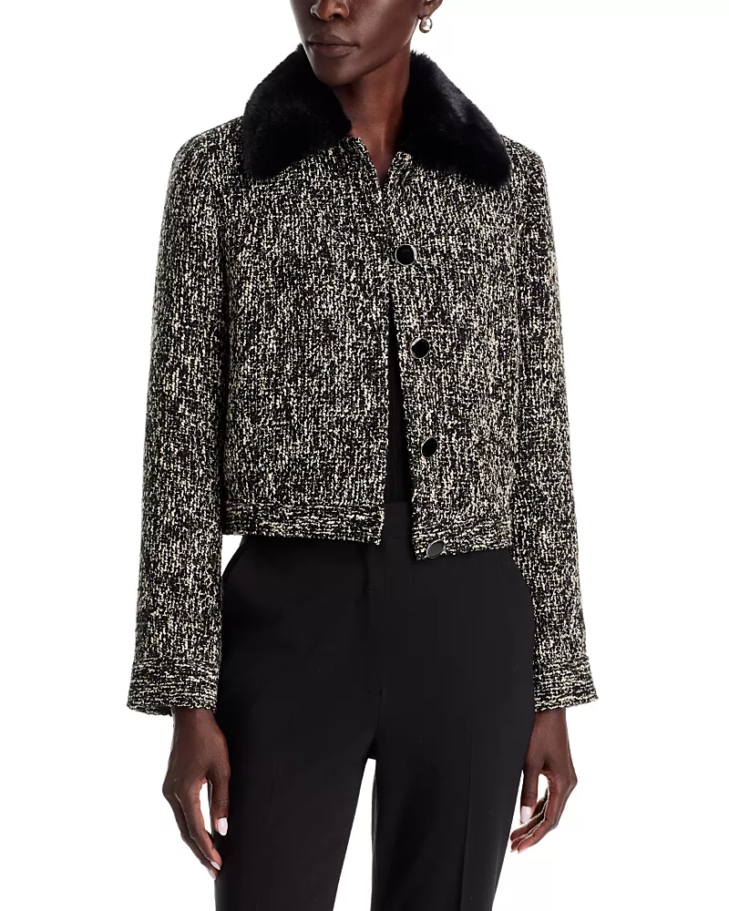 T Tahari Faux Fur Collar Boucle Jacket