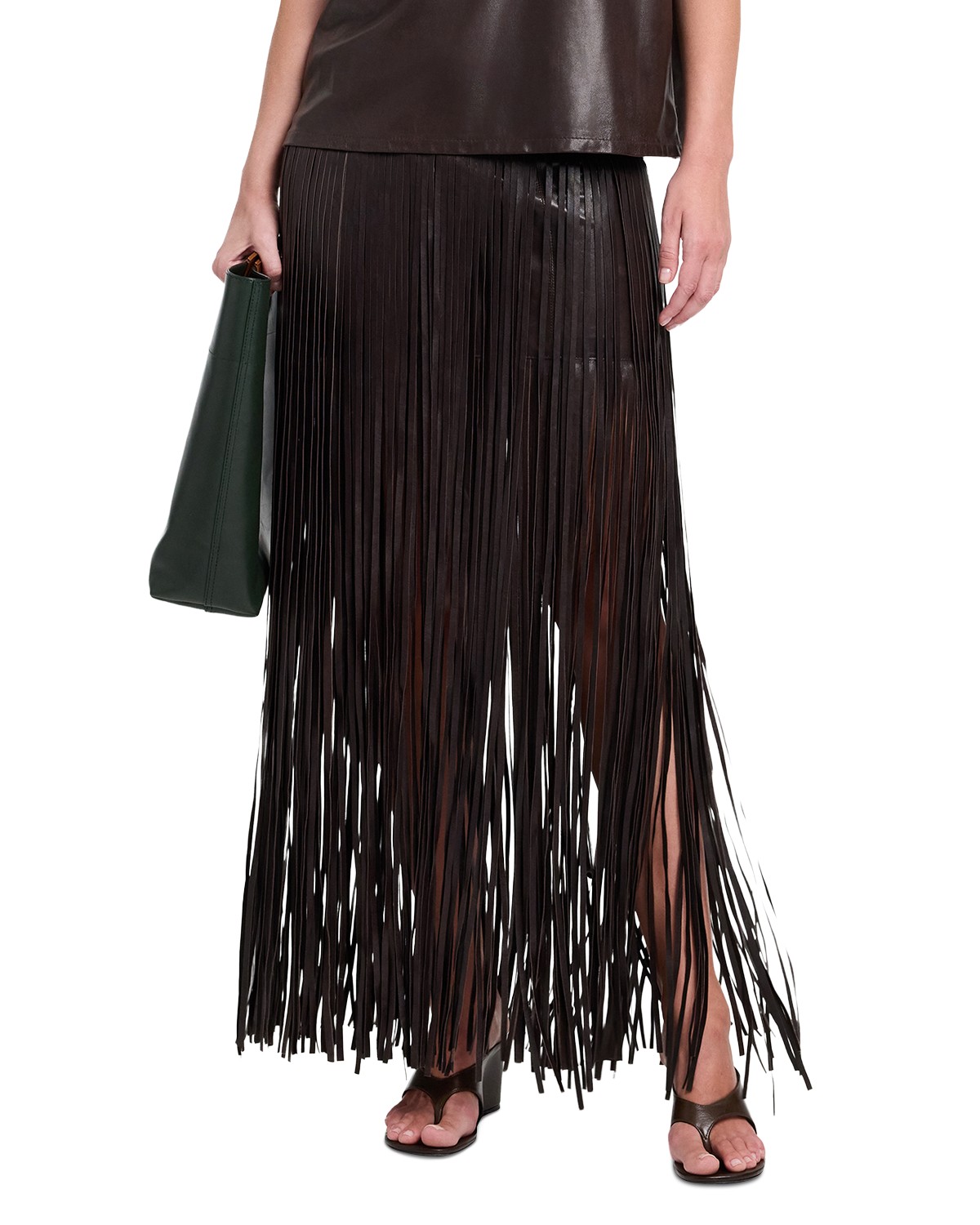 Twp Tangled Up + Blue Leather Fringe Maxi Skirt in Dark Chocolate