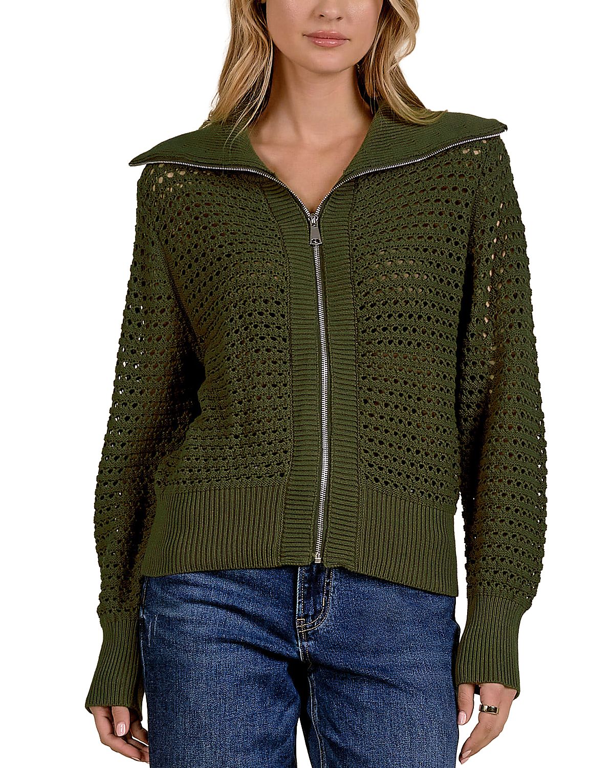 Elan Cotton Zip Front Knit Cardigan