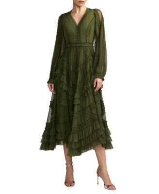 Long Sleeve V Neck Mesh Micro Ruffle Midi Dress