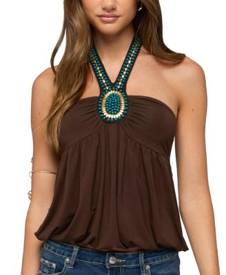  Polie Beaded Bubble Jersey Halter Top