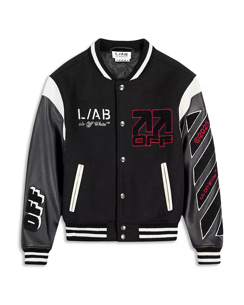 Off-White Wool & Leather Logo Graphic Varsity Jacket
