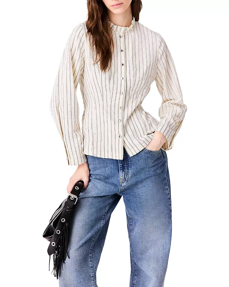 Maje Rhinestone High Ruffle Neck Shirt