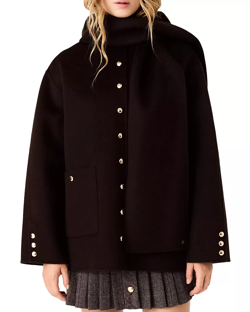 Maje Wool Blend Hooded Long Sleeve Jacket