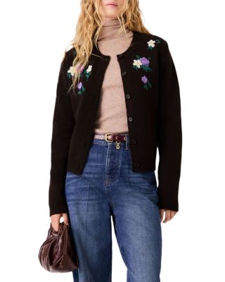 Wool Blend Floral Embroidered Cardigan Sweater 