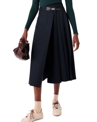 Buckle Trim Pleat Front Midi Skirt 