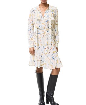  Ruffled Feather Print Silk Dress