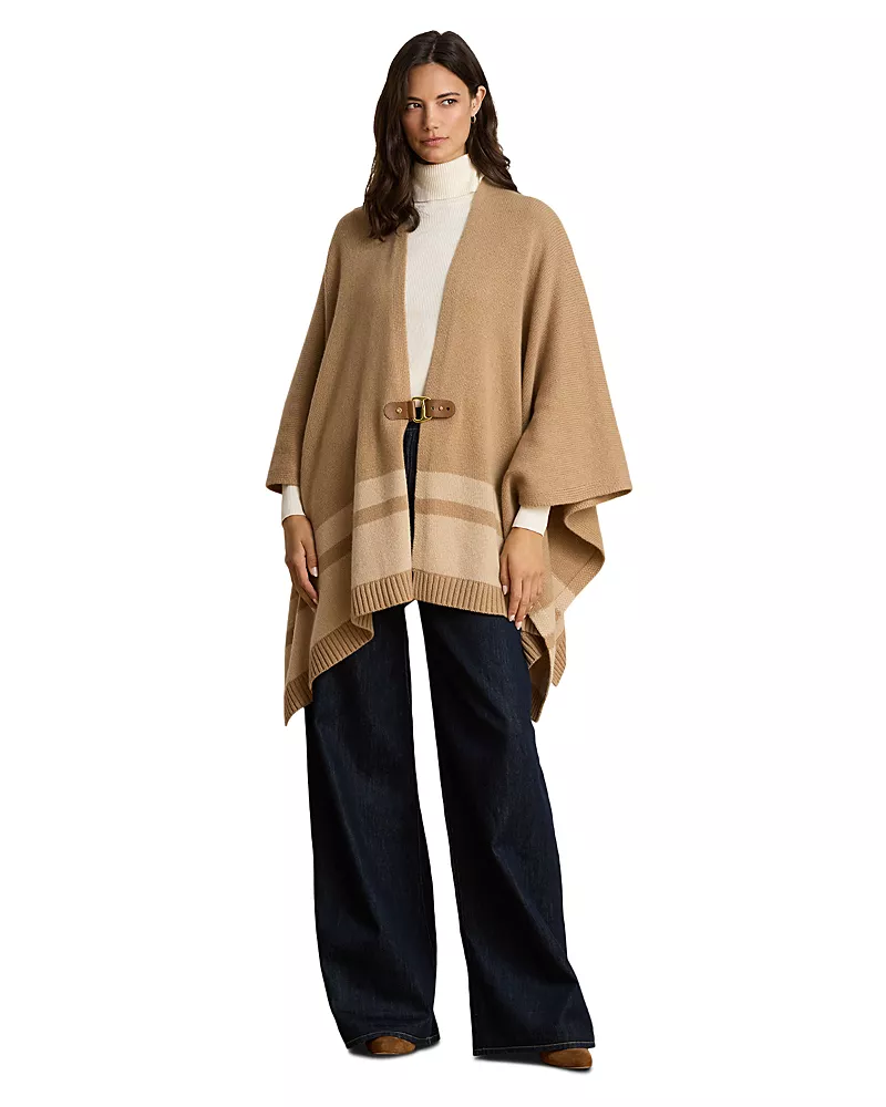 Lauren Ralph Lauren Buckle Trim Wool and Cashmere Poncho Sweater