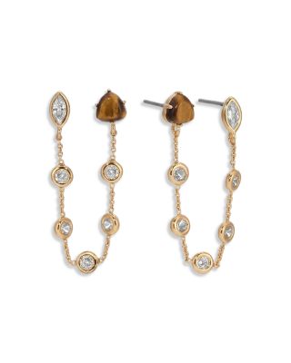Double Piercing Cubic Zirconia & Tiger's Eye Chain Earrings