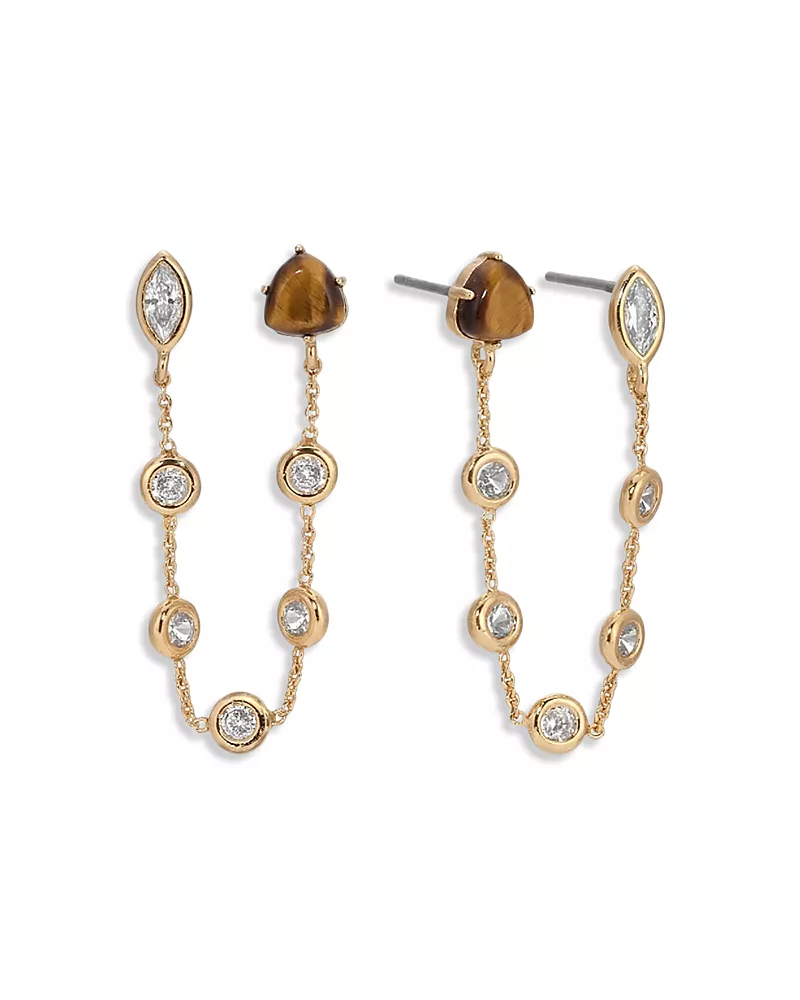 Ettika Double Piercing Cubic Zirconia & Tiger's Eye Chain Earrings