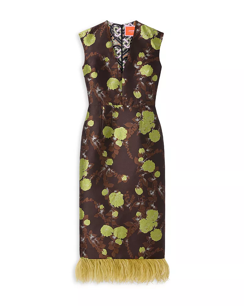 La DoubleJ Sleek Printed Feather Trim Dress