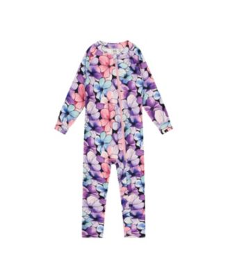 Girls' One Piece Floral Stretch Fleece Asymmetric Zip Thermal Underwear - Little Kid, Big Kid