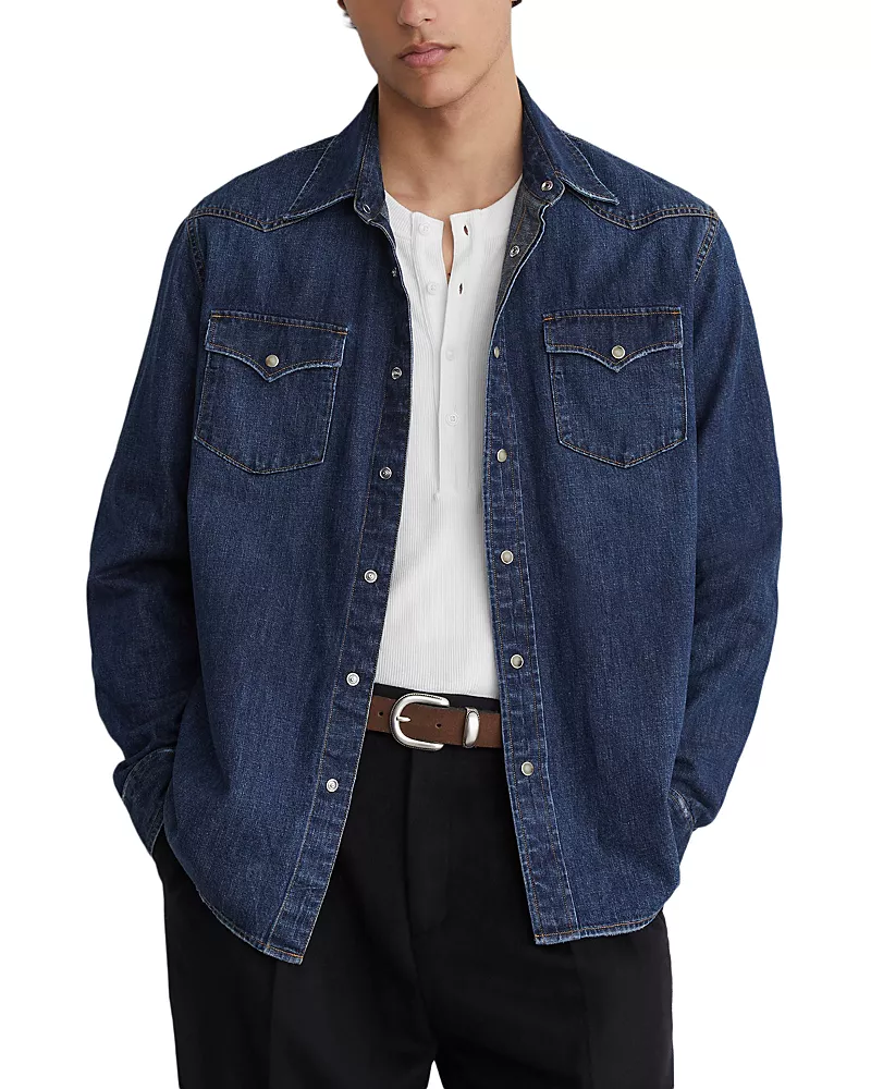 Reiss Mountain Cotton & Linen Indigo Pocket Shirt