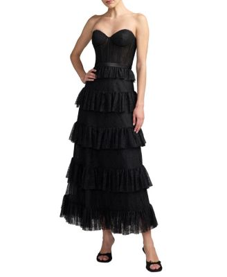Mac Duggal Strapless Bustier Lace Ruffle Midi Dress