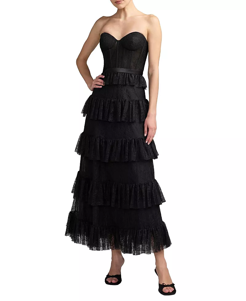 Mac Duggal Strapless Bustier Lace Ruffle Midi Dress