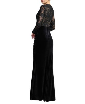  Lace Long Sleeve Column Gown With Velvet Skirt