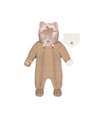 Unisex Bear Paw One Piece Footie Fleece Neckwarmer Snowsuit - Baby