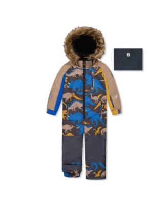 Boys' Play Dinosaur Faux Fur Hood Fleece Neckwarmer One Piece Snowsuit - Little Kid, Big Kid
