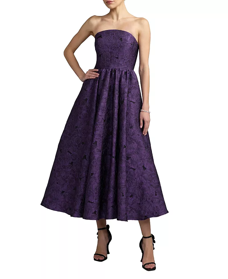 Mac Duggal Strapless Brocade A Line Midi Dress With Pockets