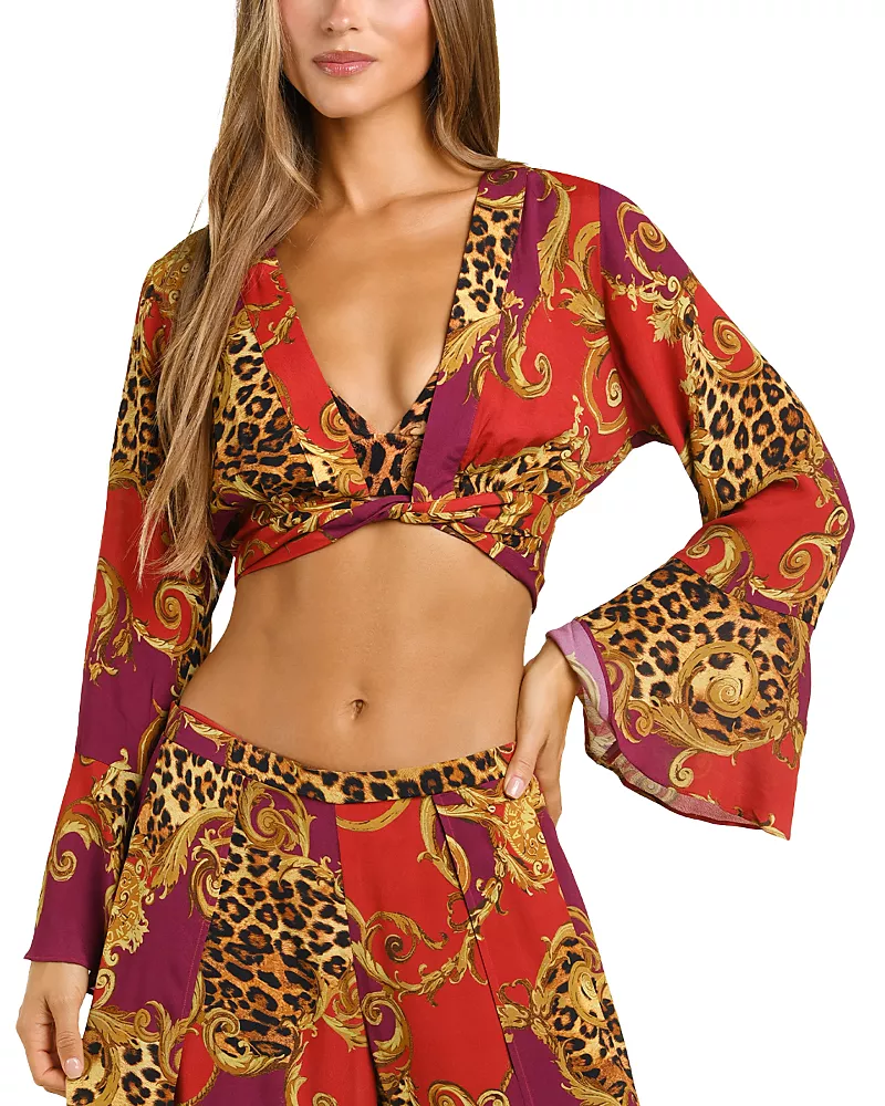 L'Agence Baroque Leopard Scroll Ambala Crop Top Swim Cover-Up