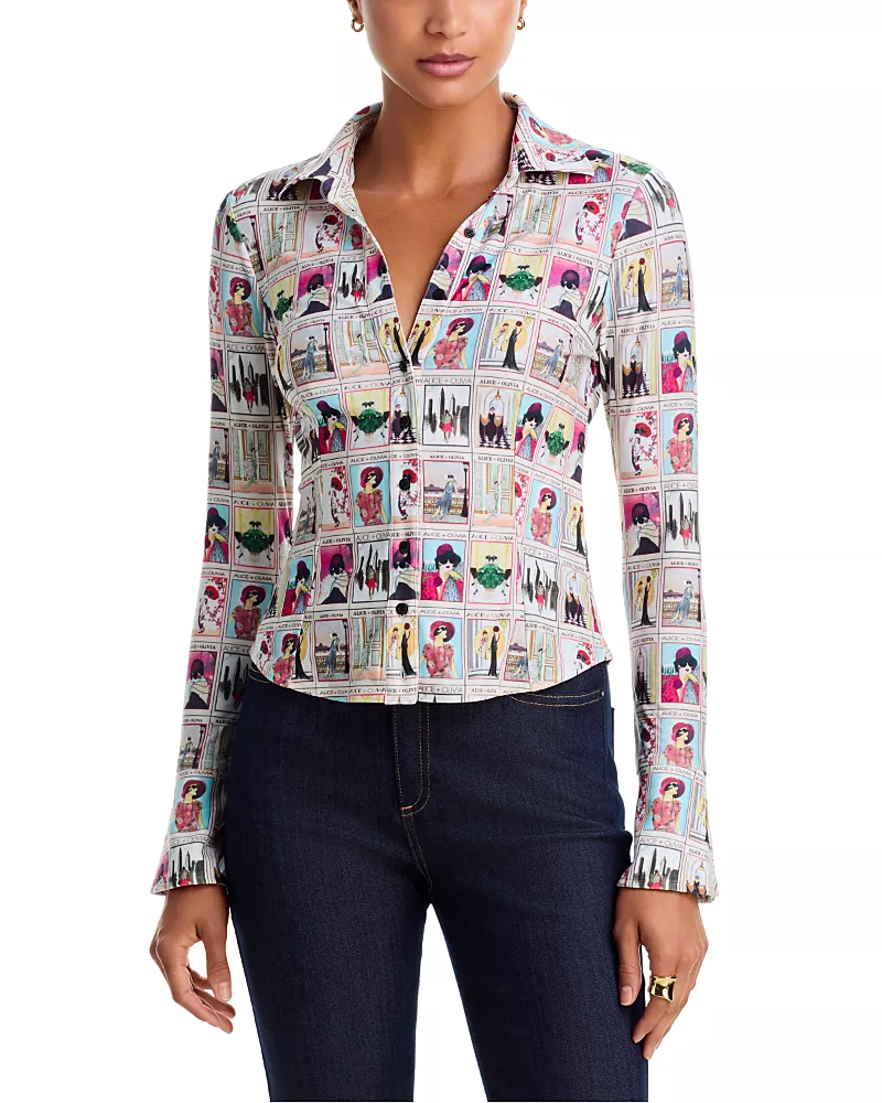 Alice and Olivia Freya Staceface Fitted Nipped Waist Button Down Top