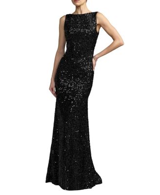  Cowl Back Boat Neck Sequined Evening Gown
