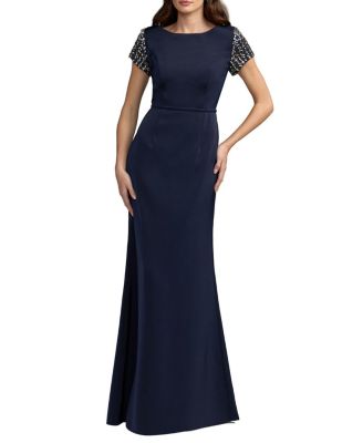  Beaded Cap Sleeve Satin Column Evening Gown
