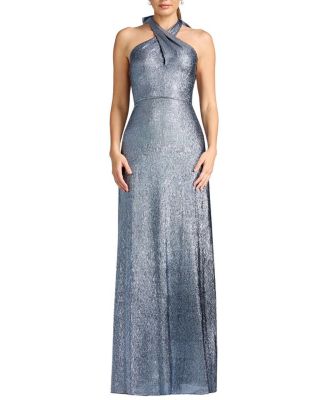  Brighton Cross-Front Halter Metallic Gown