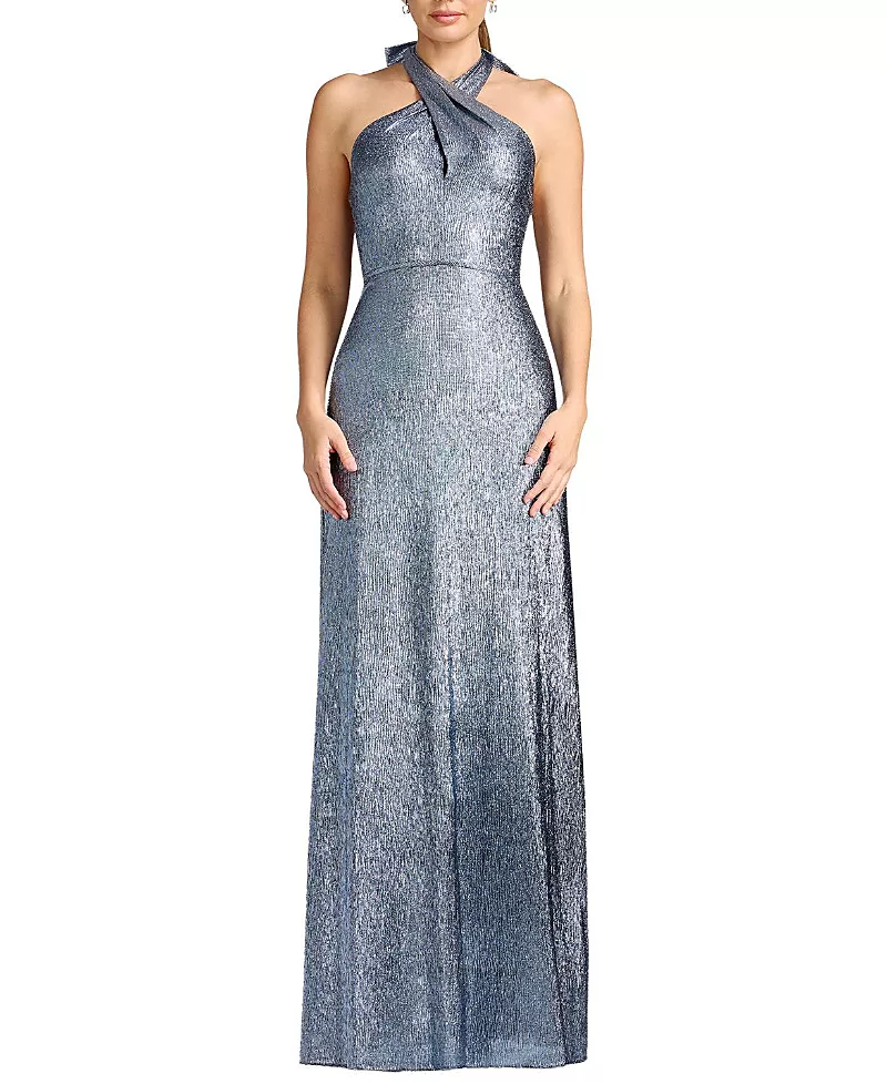 Dress the Population Brighton Cross-Front Halter Metallic Gown