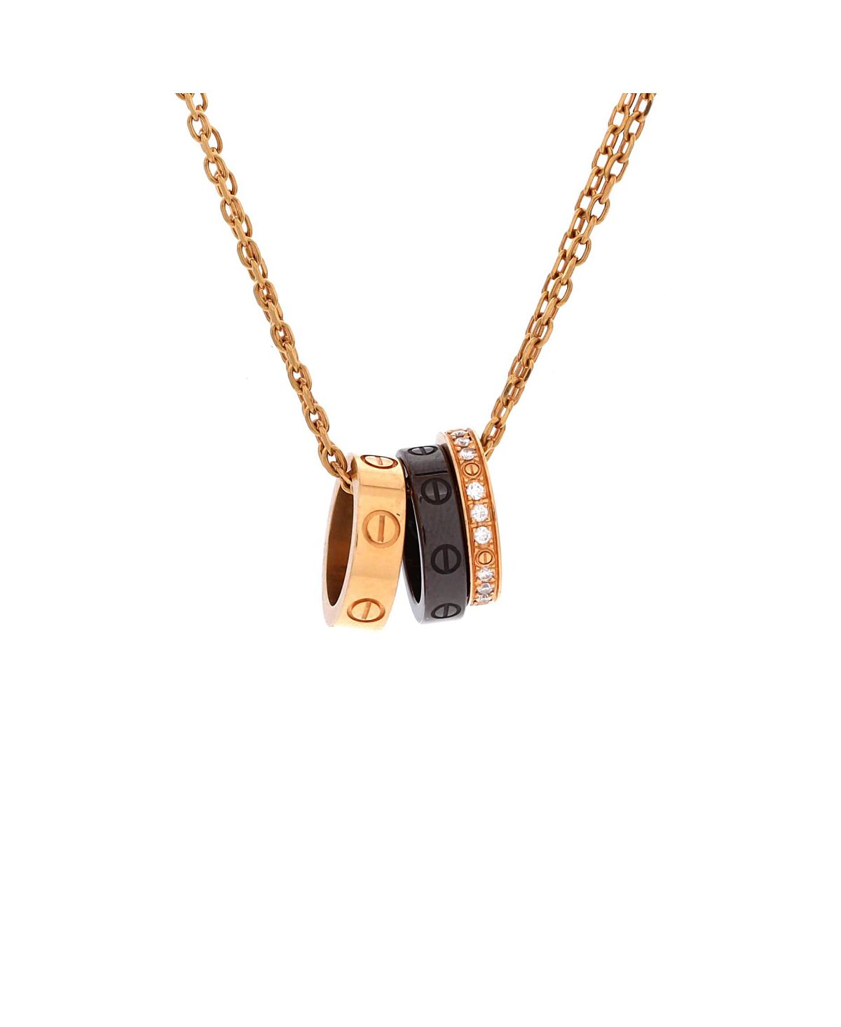 Pre-Owned Cartier Love 3 Ring Pendant Necklace 18K Rose Gold and Ceramic with Diamonds, 16.25