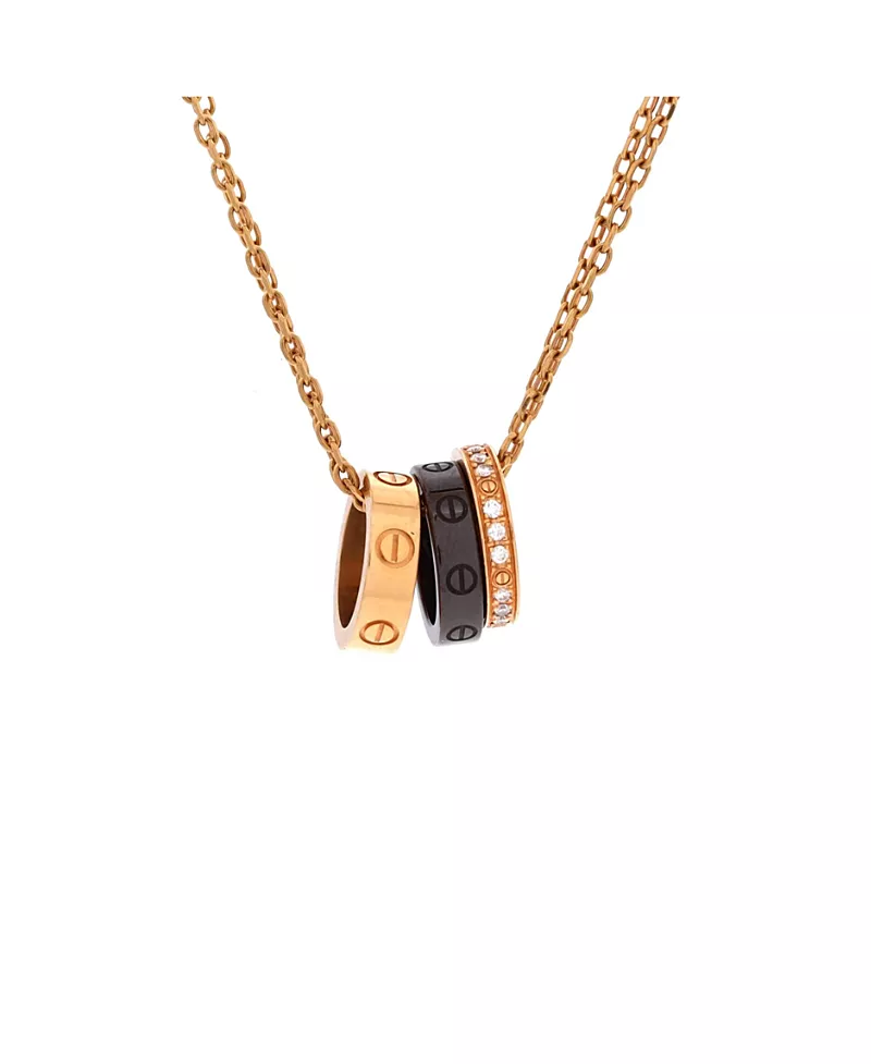 Pre-Owned Cartier Love 3 Ring Pendant Necklace 18K Rose Gold and Ceramic with Diamonds, 16.25