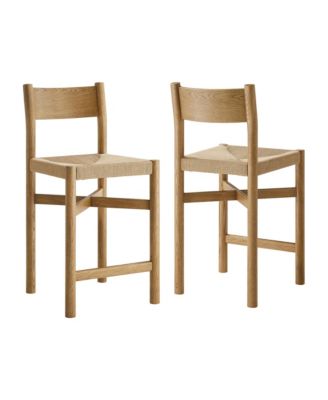  Alvia Oak Wood Counter Stools with Woven Seats, Set of 2