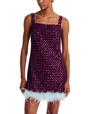 Sequinned Lattice Feather Trim Dress - Exclusive
